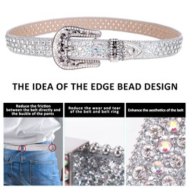 TINIDI Men Women Rhinestone Belt Western Luxury Strap Diamond Sparkle Bling Studded Leather Belts (01 Silver, Fit Waist 36-38 inches)