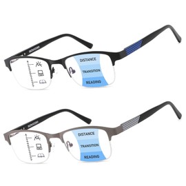 2 Pack Progressive Multifocus Reading Glasses Men Blue Light Blocking Readers Metal Frame Spring Hinge (Black & Gunmetal, 2.25, x)