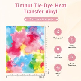 Tintnut Tie Dye Heat Transfer Vinyl -8 Sheets 10×12 Inch Watercolor HTV Iron on Vinyl for T-Shirt Rainbow HTV Vinyl Watercolor HTV Vinyl for T-Shirt DIY Compatible with Cricut or Silhoutte Cameo