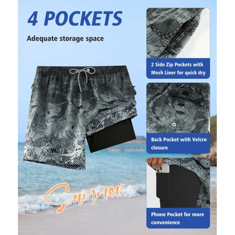 APTRO Men's Swimming Shorts with Zip Pockets 2 in 1