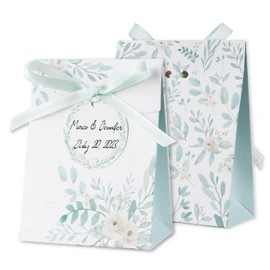 Pack of 50 Wedding Gift Boxes 8 x 4 x 10 cm with Green Leaf Design Including Gift Tags and Ribbons Small Gift Box for Wedding Favours Christening Gift Wrapping etc.