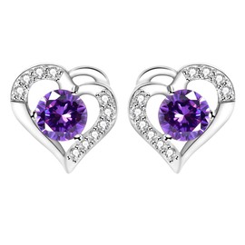 Tobestu White Gold Plated Purple Cubic Zirconia Birthstone Studs Earring Heart Stud Earrings Wedding Bridesmaid Jewelry Gifts for Women Y4138