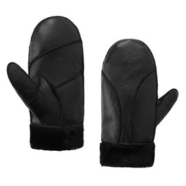 MGGMOKAY Women Leather Mittens Shearling Sheepskin Fur Lined Winter Mitten Gloves,Black,XS
