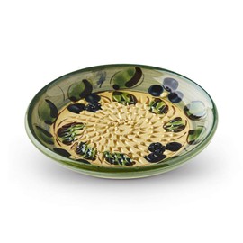 Garlic Grater Plate Set with Brush and Peeler.(#Ref 1). Handmade and Hand Painted in Cordoba, Spain. Yellow with Green Rim. Olive and Flower Pattern.