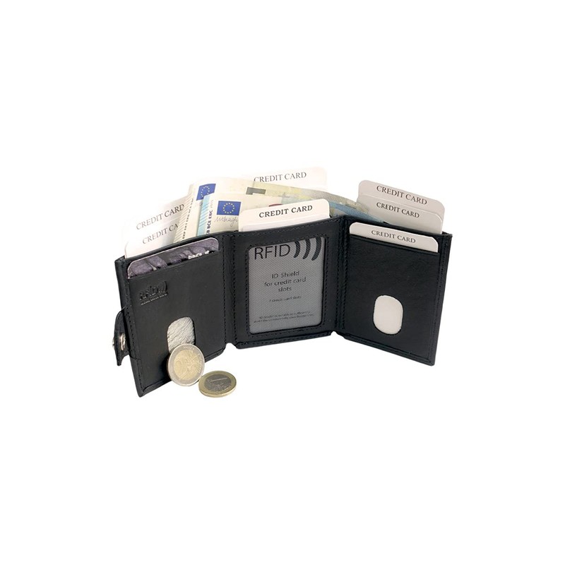 Slim Wallet Deluxe, Black cowhide leather with zip pocket, S,