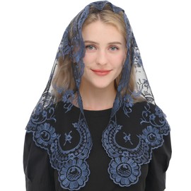 Spanish Mantilla Church Prayer Veils Blue Catholic Mass Chapel Veil First Coummunion Women‘s Church Mantilla Head Covering Latin Mass Veil (Blue&Black)