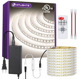 HitLights White LED Strip Lights Kit with Remote & 24V Power Supply, 16.4ft Dimmable Tape Light 4000K, 600 LEDs, 425 lm/ft, CRI 90+, IP30, UL Listed, Lighting for Living Room, Kitchen, Under Cabinets