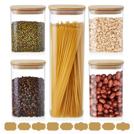 Unbreakable Glass Jars with Bamboo Lids Set of 5, Square Glass Canisters with Airtight Lids, Glass Food Storage Containers for Pasta, Cereal, Flour, Sugar, Best for Kitchen & Pantry