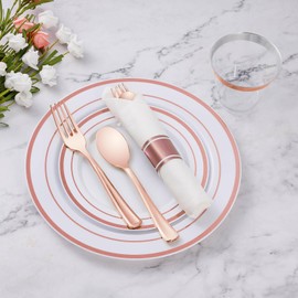 Goodluck 350 Piece Rose Gold Plastic Dinnerware Set for 50 Guests, Fancy Disposable Plates for Party, Include: 50 Dinner Plates, 50 Dessert Plates, 50 Pre Rolled Napkins with Silverware, 50 Cups
