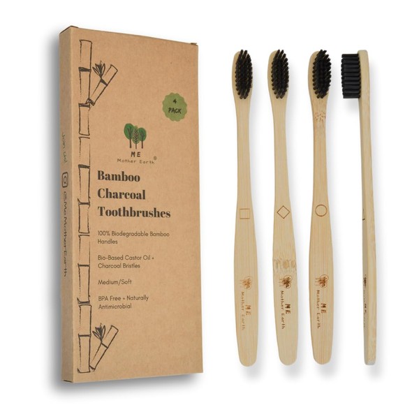 ME MOTHER EARTH Bamboo Charcoal Toothbrush Pack, Medium Soft Bristle