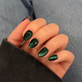 KQueenest Cat Eye Press on Nails Short Oval, 30 Pcs Dark Green Fake Nails Extra Short Almond, Sparkly Glitter Black Glue on Nails, Reusable Chrome Stick on Nails for Women Party Prom Manicure