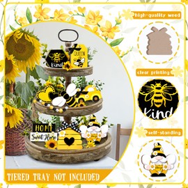 Guoofu Bee Tiered Tray Decor, Spring Summer Farmhouse Tiered Tray Decorations, Decorative Bumble Bee Gnome Hive Honey Truck Wooden Signs, Rustic Home Decor for Table Shelf Mantel Office Holiday Party