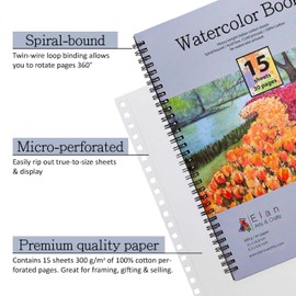 Elan Watercolor Book A5, Italian 100% Cotton Paper, 15 Sheets 300gsm Paper, Watercolour Sketchbook A5, Watercolor Pad Book A5, Art Pad for Painting, Canvas for Watercoloring, Acrylic Paint