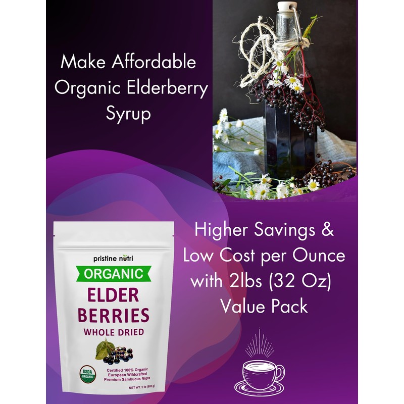 Organic Elderberries Dried Bulk | Whole European Elderberry Dried, Wildcrafted
