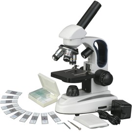 AmScope M158C-2L-PS25 Cordless Compound Monocular Microscope, WF10x and WF25x Eyepieces, 40x-1000x Magnification, Upper and Lower LED Illumination with Rheostat, Brightfield, Single-Lens Condenser, Coaxial Coarse and Fine Focus, Plain Stage, 110V or Batt