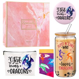 Kacctyen 5 Pcs Dragon Gift for Girls Set 18 oz Dragon Glass Cup Tumbler with Lid Makeup Bag Cosmetic Travel Pouch Cosmetic Bag Pocket Mirror Sock for Woman Animal Lover Birthday Gift Who Loves Dragons