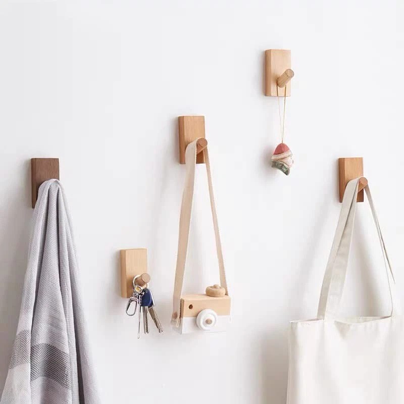 Homedo 4Pack Adhesive Wall Hooks Hat Rack, Wooden Coat Hooks
