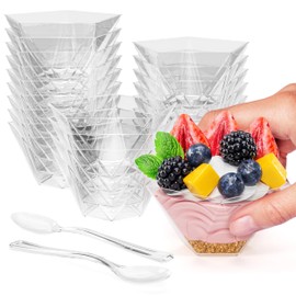 Exquisite Mini Dessert Cups With Spoons 200 Pcs - 4 Oz Pentagon Clear Plastic Pudding Cup Disposable With Tasting Spoons 100 Sets | Mini Parfait | Appetizer for Party & Events