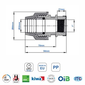SmartProduct PP Coupling MDPE 32 mm x 1 Inch with Female Thread - Screw Connection for PE Pipe PN16 DVGW Drinking Water Certified - 32 mm Clamp Connector Adapter for PE80 PE100 Pipes - Pack of 2