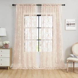 SEEKRIGHT Blush Pink Lace Curtains 84 Inches Long 2 Panels French Floral Sheer Curtains for Living Room Bedroom Vintage Victorian Curtains Rod Pocket Light Filtering Edges Drapes Window Decor, 52x84