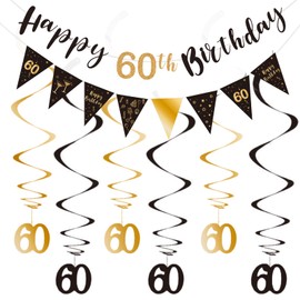60th Birthday Decoration Kit, Happy 60th Birthday Banner Bunting Swirls Streamers, Triangle Flag Banner for Birthday Party Decorations Supplies Black and Gold 60th