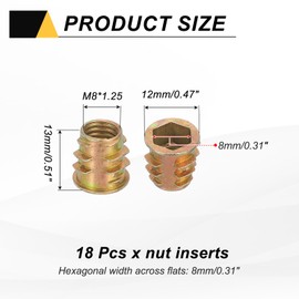 sourcing map 18 Pcs Threaded Inserts for Wood, Zinc Alloy M8 Thread Inserts Nuts Hex Socket Drive Screw 13mm Length for Furniture, Cabinet, Tables and Chairs