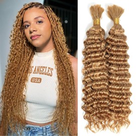 Bafamiya Deep Curly Braiding Human Hair 2 Bundles Per Package 100g 20 Inch Color 27 Honey Blonde Deep Water Wave Bulk Human Hair for Braiding Deep Curly Human Hair Extensions for Boho Braids