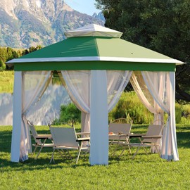 HarmonyHealth 13 x 13FT Pop Up Gazebo, Hexagonal Outdoor Canopy Shelter, Instant Patio Gazebo Tent with Mesh Netting and Strong Steel Frame for Patio Backyard Garden Wedding Party, Green+Beige