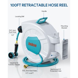 ENEACRO Retractable Garden Hose Reel with Wall Mount 1/2"×100ft with 10 Pattern Hose Nozzle, Brass Connector, Auto Rewind/Any Length Lock/ 180° Swivel Bracket, Ideal for Garden Watering