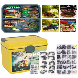 ‎DAMIDEL 600 Pcs/Box Fishing Kit-Fihing Hooks,Sinkers, Swivels Snaps,Top Water Lure,Spoons,Soft Lures,Jig Heads, Frogs, Minnow, Accessories Equipment- Saltwater Freshwater Bass Bait Gear