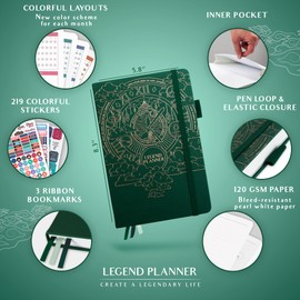 Legend Weekly Colorful Planner 2nd Edition – Undated Life & Work Agenda Journal for Time Management, Goal Setting, Productivity, Tasks & To Do Lists – A5 size, Hardcover - Dark Green Gold Foil