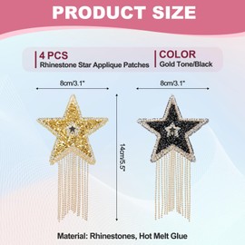 PATIKIL Star Rhinestone Patches, 4 Pcs Star Shape Iron on Applique Patches Rhinestone Applique Glitter Crystal Patches with Tassel for Shoes Clothes Pants Bags, Gold Tone/Black