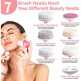 YL TRD Cepillo de limpieza facial 7 en 1, cepillo de limpieza facial giratorio de 360 °, cepillo de limpieza facial de 7 funciones diferentes, limpieza profunda, eliminación de maquillaje, masaje, descamación (nuevo rosa) (7 en 1)