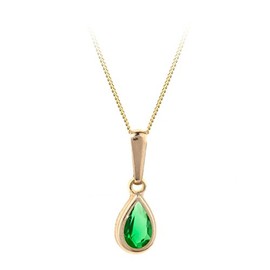 9ct yellow gold emerald birthstone bezel set tiny tear drop shaped gemstone pendant and chain Gift box