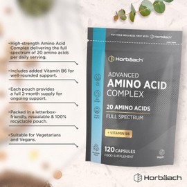 Amino Acid Supplement | Essential Complex | All BCAA & EAA Including Lysine & Arginine | Full Spectrum | 120 Vegan Powder Capsules | Free Form | by Horbaach