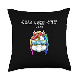USA Ski Unicorn - Salt Lake City Utah Gift Salt Lake City Utah-Ski and Snowboard Unicorn Throw Pillow, 18x18, Multicolor