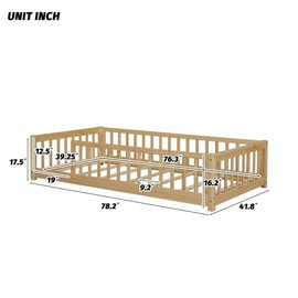UOCFYK Twin Size Floor Bed with Fence for Kids Bedroom,Sturdy Montessori Floor Bed w/Guardrail for Boys, Girls,No Box Spring Needed,Natural