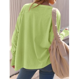 Tankaneo Womens Long Sleeve Workout Tops Oversized Hiking Shirts V Neck Side Split Gym Tunics with Thumb Holes Fluorescent Green
