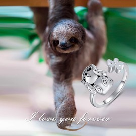 LONAGO Sloth Open Ring 925 Sterling Silver Smile Sloth with Flower Adjustable Ring Jewelry for Women (Q)