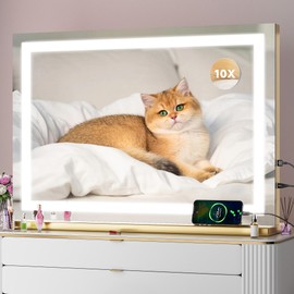 Batuso Vanity Mirror with Lights, 32" x 22" LED Makeup Mirror with 10X Magnification, Dimmable 3 Modes, Memory Function, Smart Touch, USB Charging Port, Lighted Makeup Mirror Square Glod