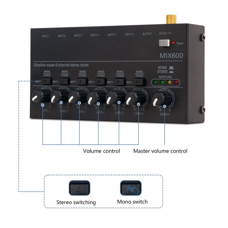 Sound Mixer Ultra Compact Metal Low Noise 6 Channel Stereo
