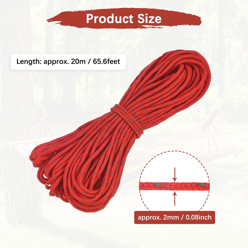 TIXIPEM 2 mm 66FT Reflective Guyline Camping Paracord [1PCS] -