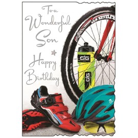 Son Birthday Card - Wonderful Son - Sporty Cycling Design - Special Finishes and Illustrated Insert Leaf - Made in the UK