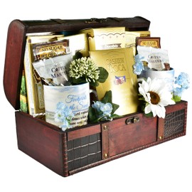 Gift Basket Village The Christian Heart - A Christian Gift Basket with Coffee Mugs, Journal and Comfort Foods in Wooden Trunk, 8 Pounds