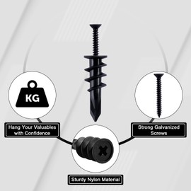 KURUI Black Self Drilling Drywall Anchors, 140PCs #8 Dry Wall Anchors and Flat Head Screws Kit, 70 Anchors + 70 Screws, 75LB Heavy Duty Hanging for Picture Frames Wall Decor Art, Sheetrock Hangers