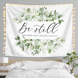 LIANGW Bible Verse Be Still Christian Wall Tapestry–Psalm 46:10 Scripture with Sage Green Eucalyptus Leaf Design, Inspirational Faith-Based Tapestry for Bedroom or Living Room Wall Decor 50x60 Inch