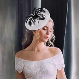 Zinniday Feather Victoria Hats Fascinators - Classic 2025 Kentucky Hat with Hair Clip, 20s 50s Black White Heart Mesh Derby Headwear for Lady Women Renaissance High Tea Party Attire Accessories