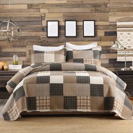 Quilta Patchwork 100% Cotton King Brown Quilt Set - Farmhouse Plaid Patchwork Bedspread King Size, Soft and Lightweight Bedding Set,Comforter for All Seasons, Rustic Country Quilts 3pcs, Brown/Black