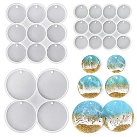 ResinWorld Juego de moldes de silicona de 25 cavidades de gran + mediano + pequeño círculo plano brillante, molde para colgante de aretes redondos perforados, llavero, molde de resina para etiqueta de