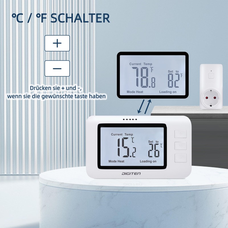 Heating controller for DIY installations, plug thermostat, set on heating